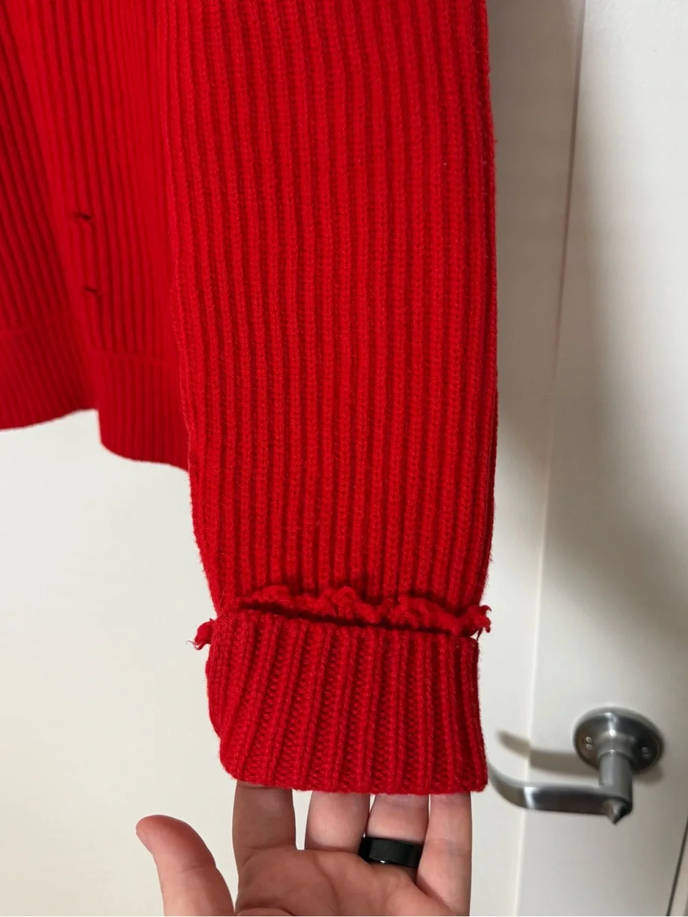 Helmut Lang Sweater Womens Sz S Red Ribbed Distressed V Neck Oversized 100% Wool
